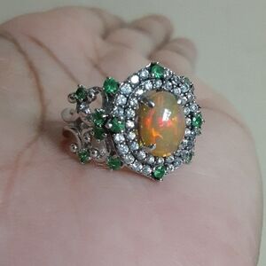 925, Rare Opal, Tsavorite Garnet And Zircon Ring.